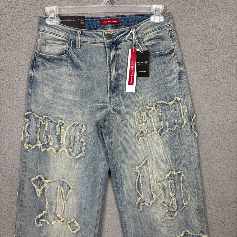 Smoke Rise Red Women's Wide Leg Jeans Distressed Grunge Curvy Fit 13/30 Blue NWT - Picture 2 of 12